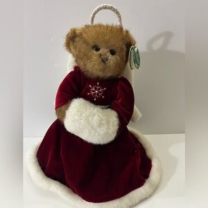 Bearington Collection Christmas Angel Bear Red Velvet Dress, with tags & stand